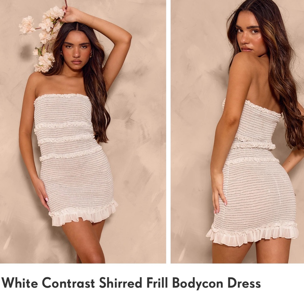 NWT Pretty Little Thing White Contrast Shirred Frill Bodycon Dress. Size 8